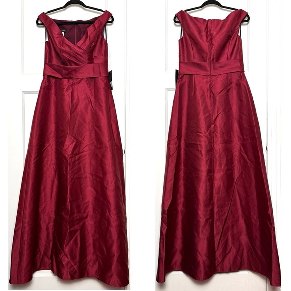 NWT ALFRED SUNG Burgundy Satin Twill Off Shoulder Draped V-Neck Ball Gown 10 - Picture 3 of 4